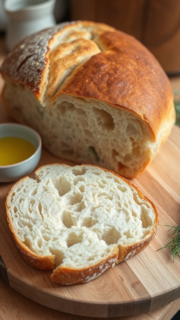 Rustic Yeast Artisan Bread Recipe A rustic artisan bread loaf with a golden crust and soft interior, served on a wooden board with olive oil.